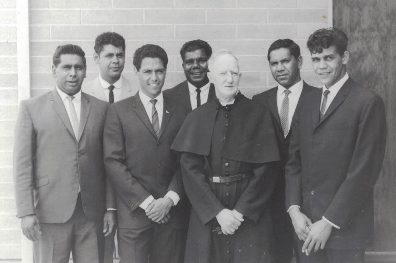 1966 – St Francis House reunion. (L-R) Vincent Copley, Tim Campbell, John Moriarty, Wilfred Huddleston, Father Smith, Malcolm Cooper, Ken Hampton.