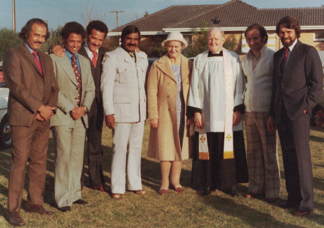 St Francis House boys Desmond Price, John Moriarty, Charles Perkins, Vincent Copley, Isabel Smith, Percy Smith, Les Nayda and Gordon Briscoe at the 1976 baptism of Vincent Copley Junior